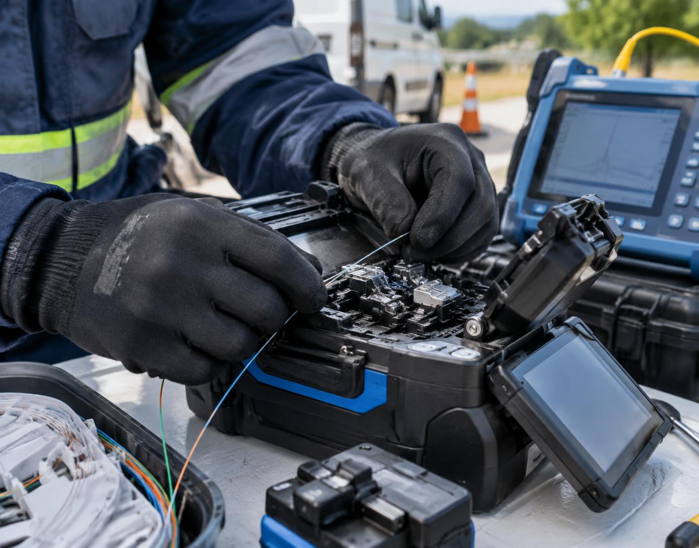 Fusão e medição técnica de fibra óptica
